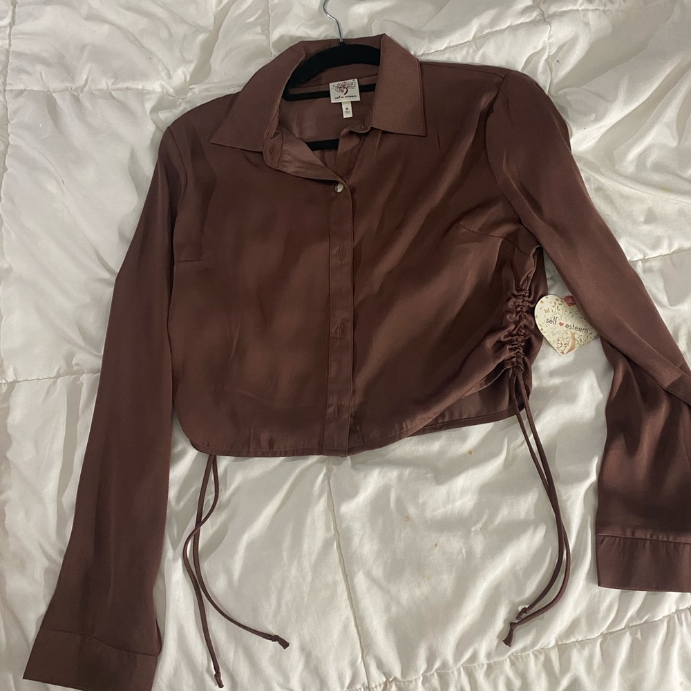 Brown satin button blouse